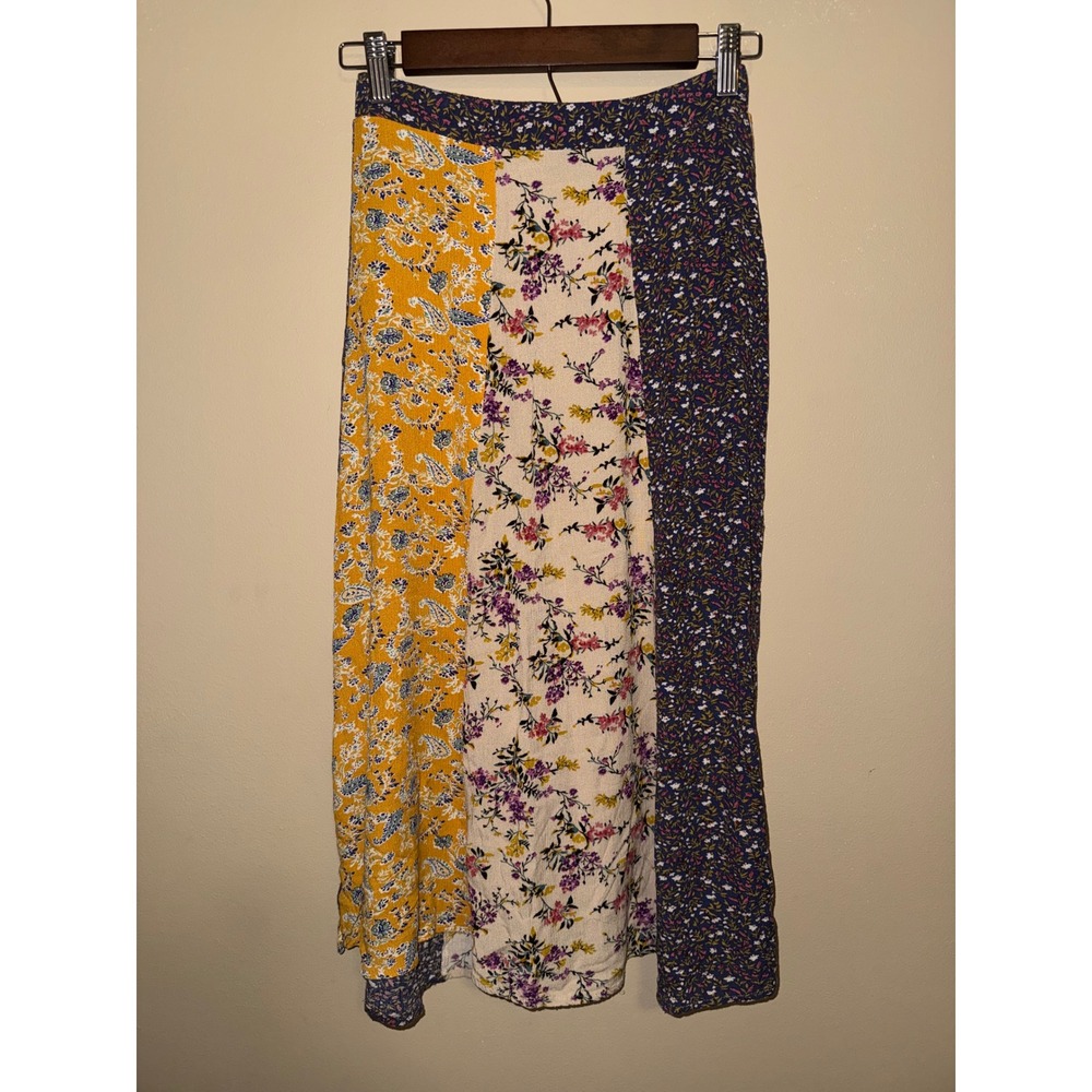 Natural Life Womens XS Patchwork Floral Paisley Midi Skirt Multicolor Boho